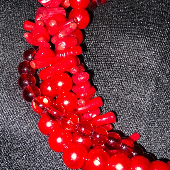 Artisan Red Coral & Glass Statement Necklace – 4-Strand Vintage Materials - Picture 4 of 6